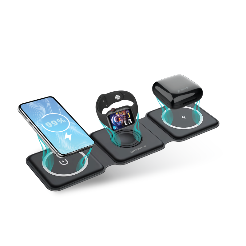 Groov-e Triton 3-in-1 Foldable Wireless Charging Station - Black