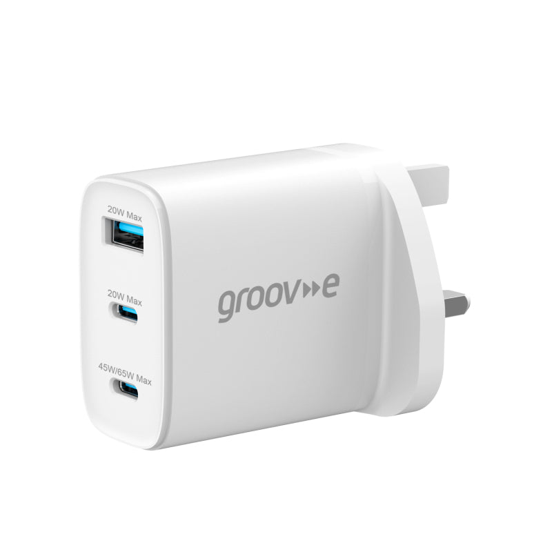 Groov-e Dual USB-C & USB-A 65W GaN Wall Charger with Power Delivery - White