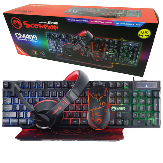 Marvo Scorpion 4-in-1 Gaming Bundle, Keyboard, Headset, Mouse and Mouse Pad, Wired USB 2.0, 7 Colour Backlit, Multimedia, Anti-ghosting Keys, 3200 dpi mouse with Noise Isolating Headset