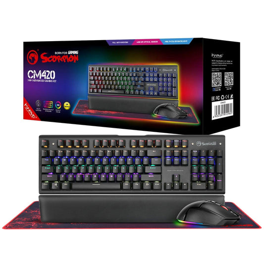 Marvo Scorpion CM420-UK 3-in-1 Gaming Bundle, Keyboard, Mouse and Mouse Pad Wired USB 2.0,RGB,Mechanical, Blue Switch, Multimedia and Anti-ghosting Keys, UK Layout, 6400 dpi, Programmable RGB Mouse