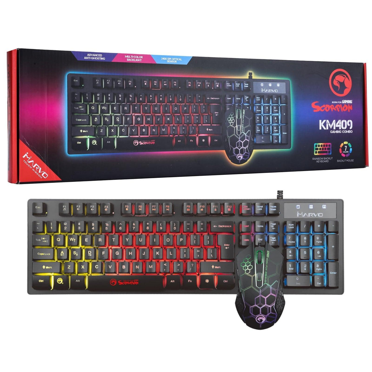 Marvo Scorpion KM409 Gaming Keyboard and Mouse Bundle, 7 Colour LED Backlit, USB 2.0, Compact Design, with Multi-Media and Anti-ghosting Keys, Optical Sensor Mouse with Adjustable 800-2400 dpi