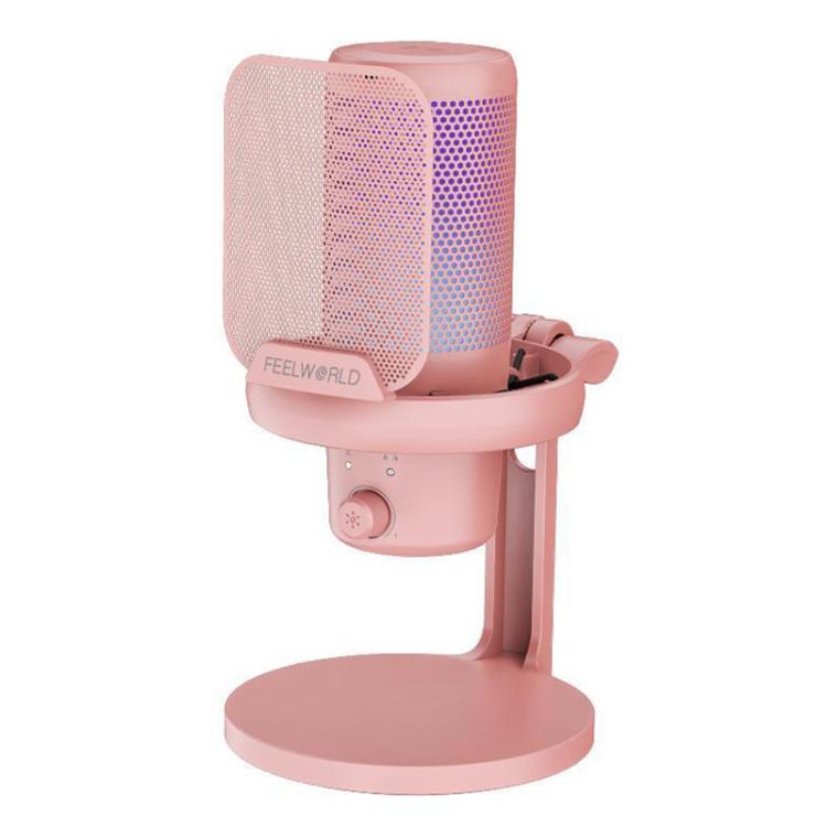 Feelworld USB Condenser Gaming Microphone for Streaming Noise Cancellation Mute RGB Light Desktop Stand (Pink)