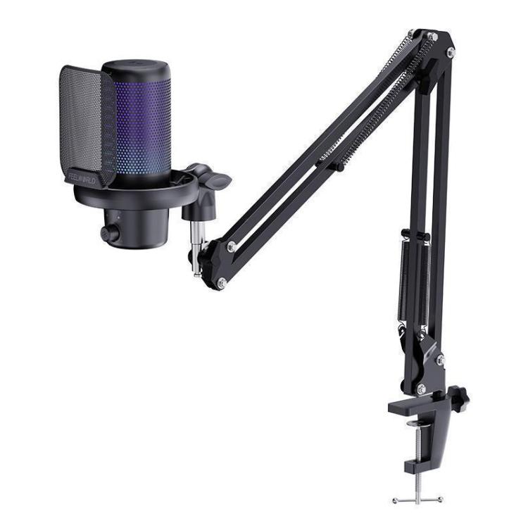 Feelworld USB Condenser Gaming Microphone for Streaming Noise Cancellation Mute RGB Light Boom Arm Stand (Black)