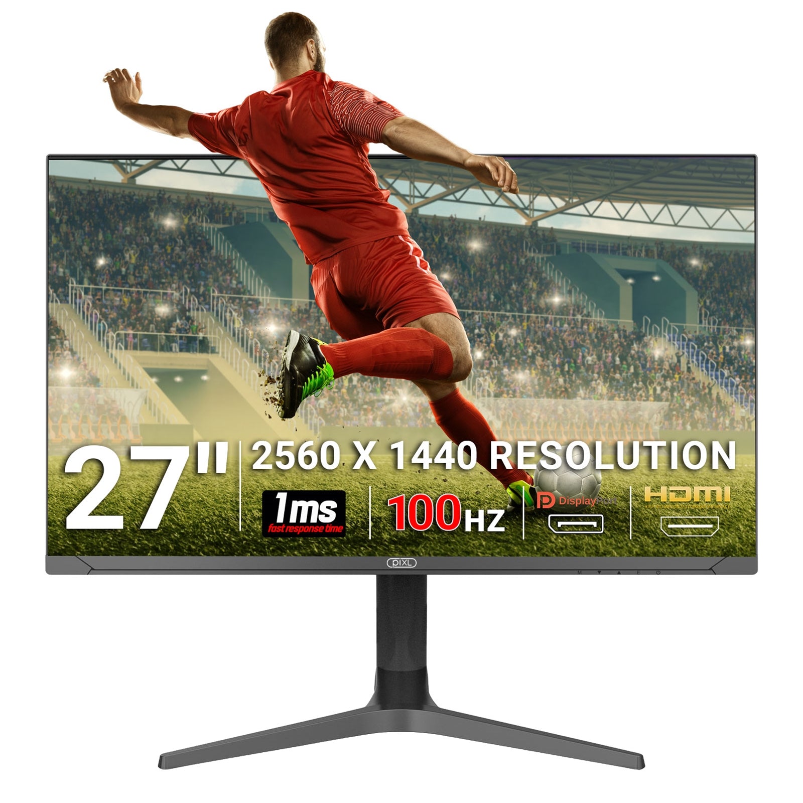 piXL 27 Inch 100Hz QHD IPS Gaming Monitor with AMD FreeSync & Nvidia G-Sync, 1ms Response Time, DisplayPort, HDMI, USB-A, VESA Mount, RGB Lighting, VESA Mount & Height Adjust