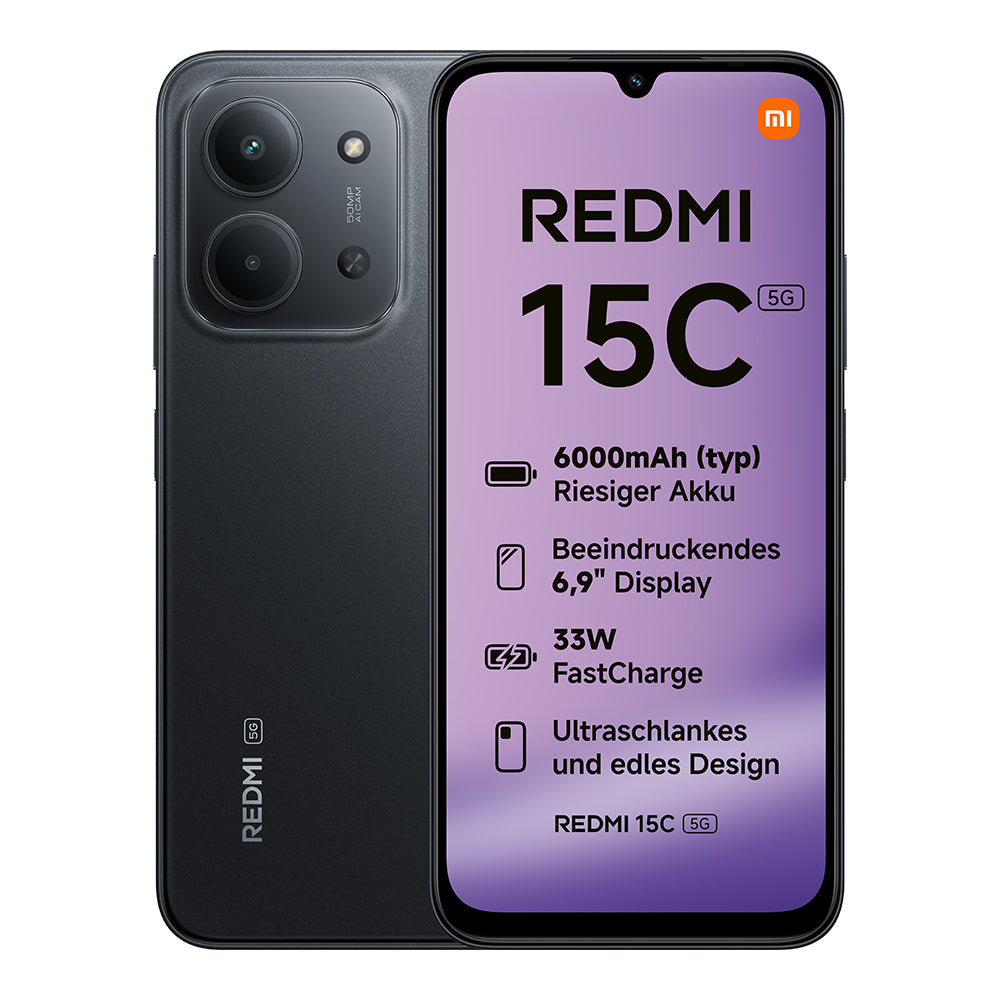 Xiaomi Redmi 15C – Midnight Black, 5G, 256GB Storage, 4GB RAM, Massive 6000mAH Battery, 120Hz 6.9" Display, Stylish Design, 50MP AI Dual Camera, 33W Fast Charging Smartphone