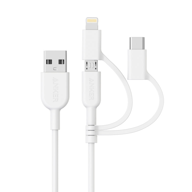 ANKER 3-in-1 MFI Certified Data Cable - 8 Pin, Micro USB, USB-C (White)