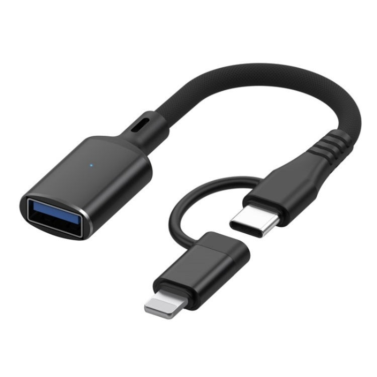 JS-112 2 in 1 USB to USB-C / Type-C / 8 Pin OTG Adapter Cable, 15cm, Black