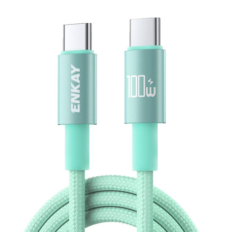 ENKAY PD100W USB-C to USB-C Nylon Braided Fast Charging Cable with E-Marker Chip, 2m - Green