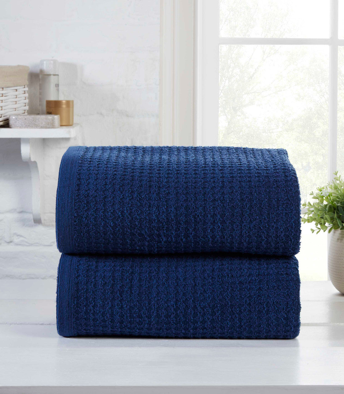 Waffle Texture 2pc Bathroom Towel Bale 100% Cotton, Bath Sheet (90x140cm) - Navy