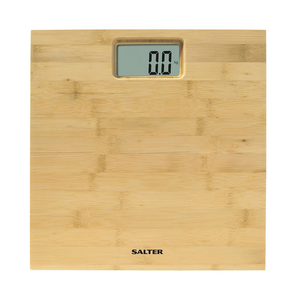 Salter Digital Bathroom Scale - Water Resistant Bamboo Platform, LCD Display, Slim Design, 150kg Capacity, Batteries & Carpet Feet Included, Instant Step On Weight Readings In kg,st/lbs