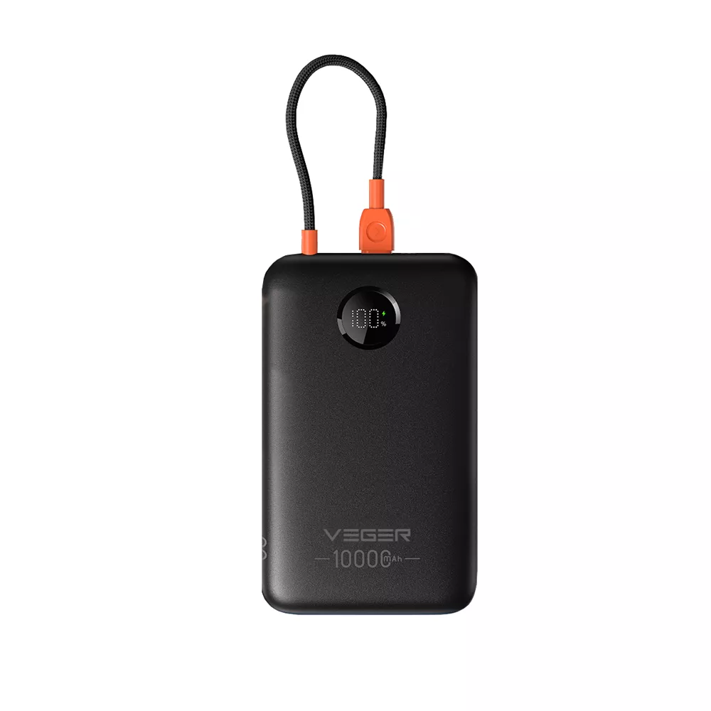 Veger 10,000mAh 22.5W PD Digital Display Light WeightPowerbank With Built In USBC Cable Black