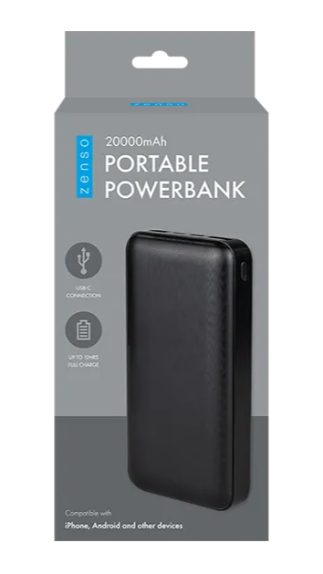 Black portable power bank in packaging with brand logo on a white background