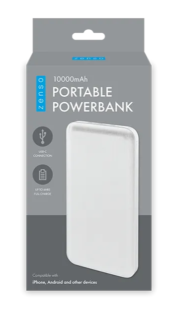 Packaging of a portable power bank with a white power bank inside on a gray background