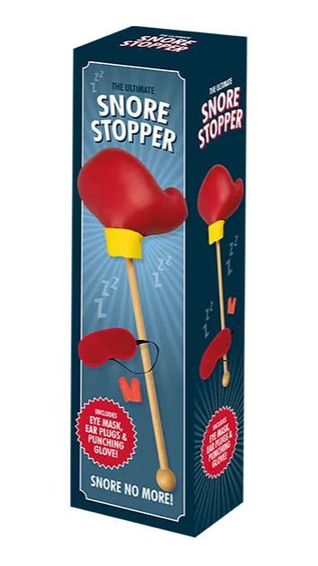 Snore Stopper product packaging with red and yellow device on a blue background