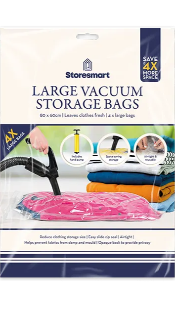 Package of Storesmart large vacuum storage bags on a white background