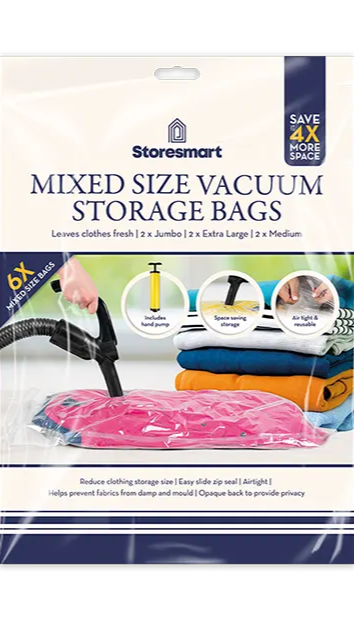 Package of Storesmart mixed size vacuum storage bags on a white background