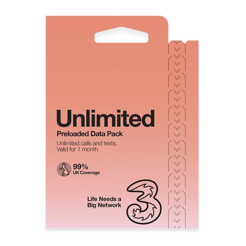Three Mobile PAYG Voice SIM Pack - Unlimited, 1 Month - £35