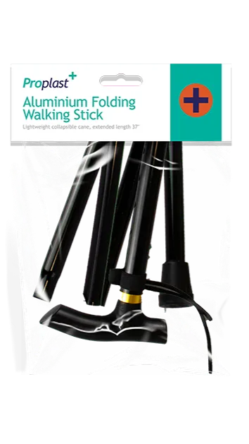 Proplast aluminium folding walking stick with packaging on a white background