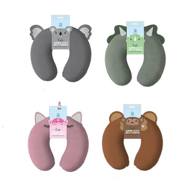 Four animal-shaped neck pillows in gray, green, pink, and brown with tags on a white background.