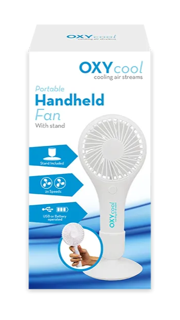 OXYcool portable handheld fan packaging on a white background