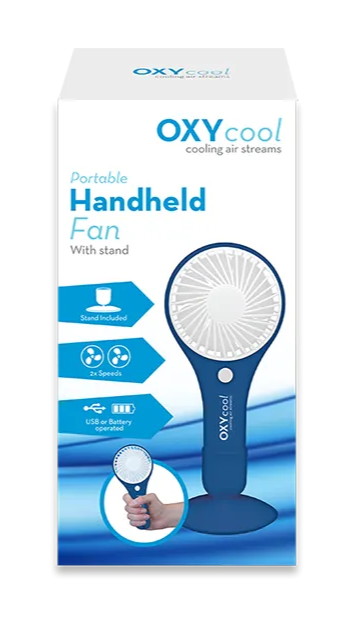 OXYcool handheld fan packaging on a white background