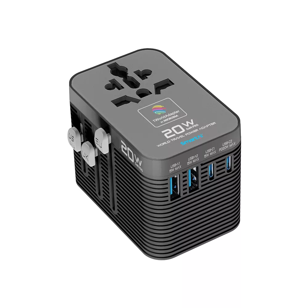 Microdia - 1WorldAdapter - 20W GaNPro Universal Power Travel Adapter - Matte Black