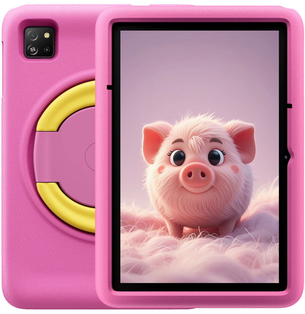 Pink tablet case with a cartoon pig design on a white background