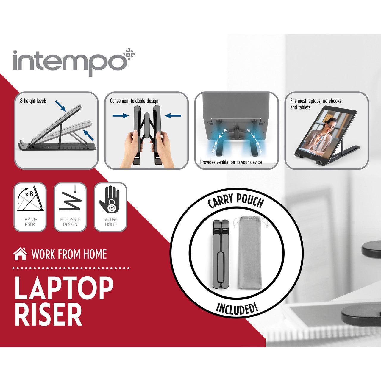 Intempo Adjustable Laptop Riser, Foldable Laptop Stand with Carry Pouch, 8 Height Levels with Ventilation, Suitable for Laptops, Phones and Tablets, For Home or Office Use