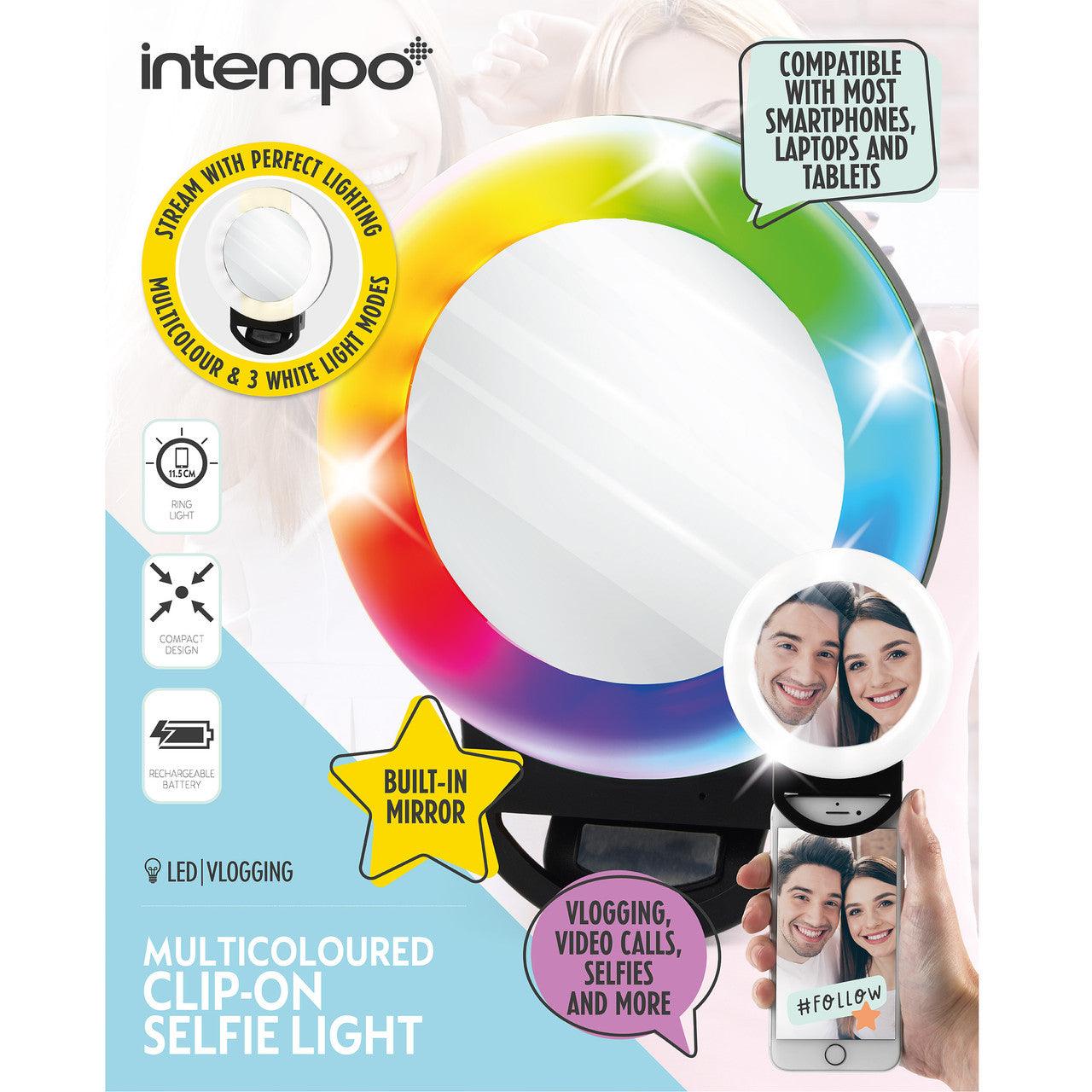 Intempo Clip-On Multi-coloured Selfie Light, Built In Mirror, Attach to Smartphone, Laptop or Tablet, 11.5 cm Ring Light, Compact Design, Rechargeable Battery, 3 White Light Modes