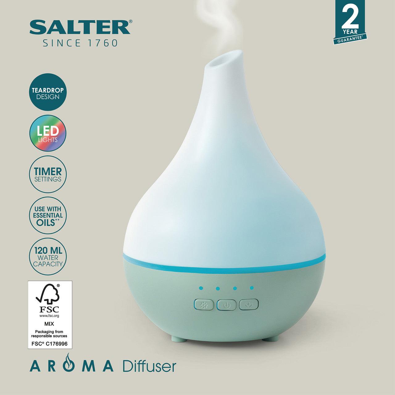 Salter Teardrop Aroma Essential Oil Mist Diffuser With Timer, USB Ultrasonic Electric Aromatherapy, 120ml Water Capacity, Colour Changing LED Lights, Home Aromatic Wellness