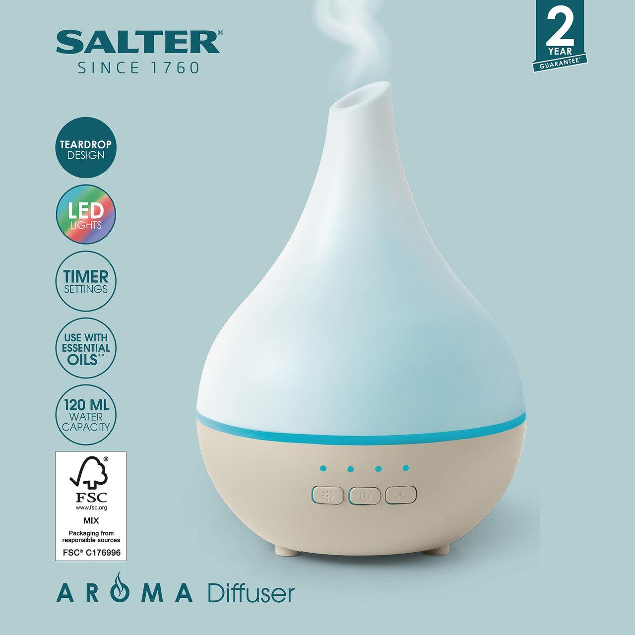 Salter Teardrop Aroma Essential Oil Mist Diffuser With Timer, USB Ultrasonic Electric Aromatherapy, 120ml Water Capacity, Colour Changing LED Lights, Home Aromatic Wellness