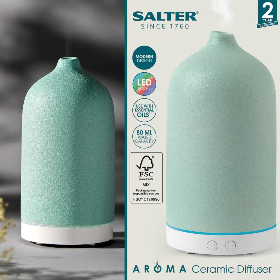 Salter Aroma Essential Oil Diffuser - 80ml, Electric Ceramic Mist Humidifier With Timer, USB Ultrasonic Electric Aromatherapy, Colour Changing LED Lights, Home Aromatic Wellness, Blue