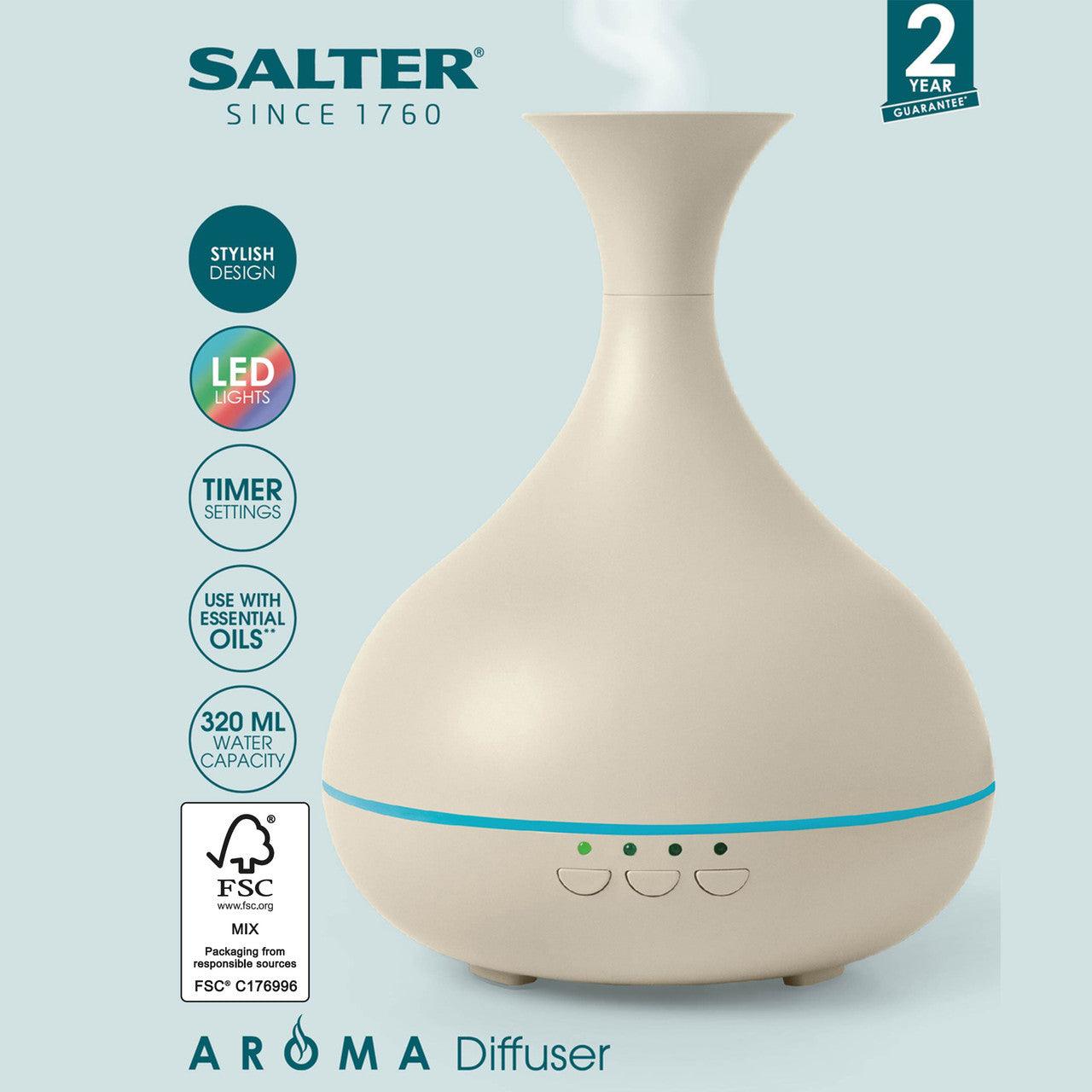 Salter Aroma Essential Oil Mist Diffuser With Timer, USB Ultrasonic Electric Aromatherapy , 320ml Water Capacity, Colour Changing LED Lights, Home Aromatic Wellness, Neutral