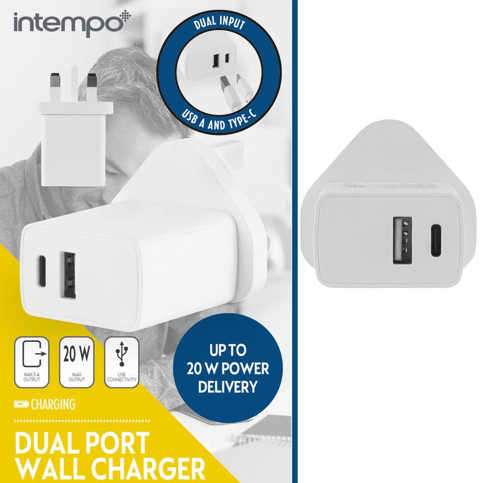 Intempo USB Plug Charger – Plug-In Wall Charging Power Adapter, Dual Port Mains Charging For Phone/Table, 2 Ports USB-A & USB Type-C Compatible, UK Plug, 20 W Output