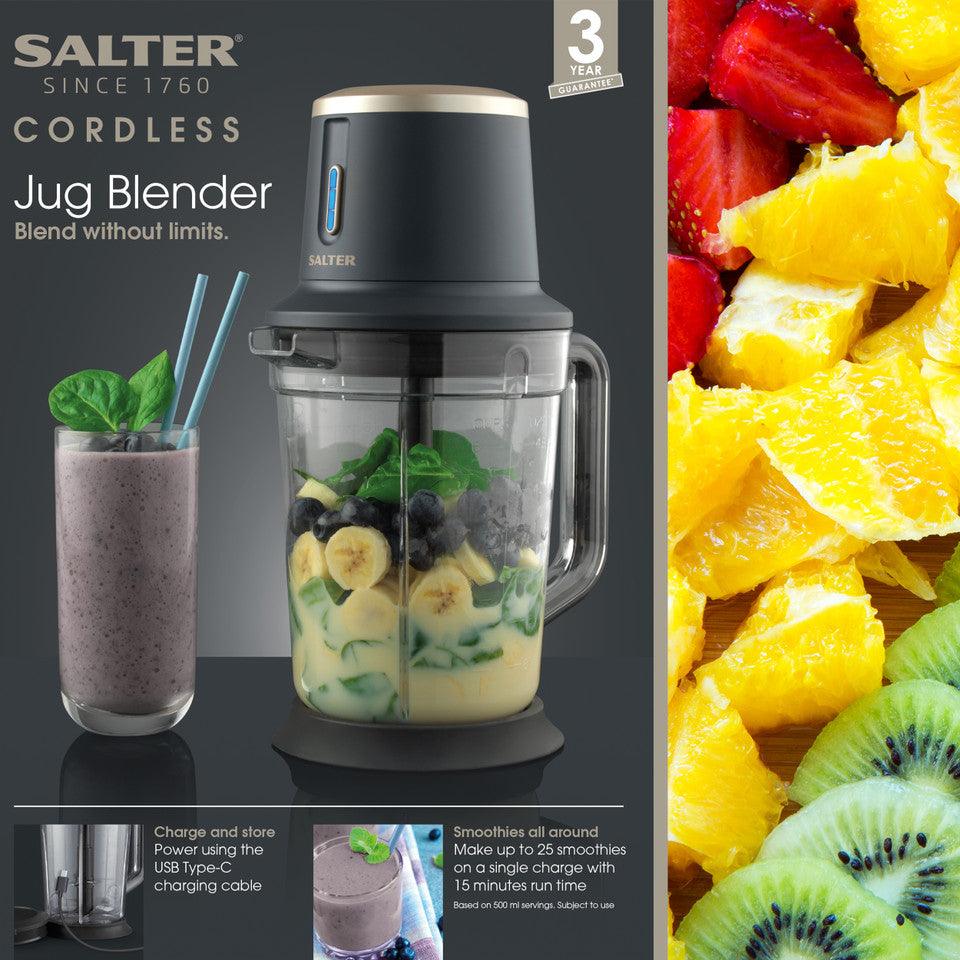 Salter Cordless Jug Blender - Electric Smoothie Maker, Rechargeable 10.8V Battery, 2 Speeds, BPA Free 1.5L Plastic Jug & Lid, Non-Slip Base, LED Indicator Light, Type-C Charging Cable