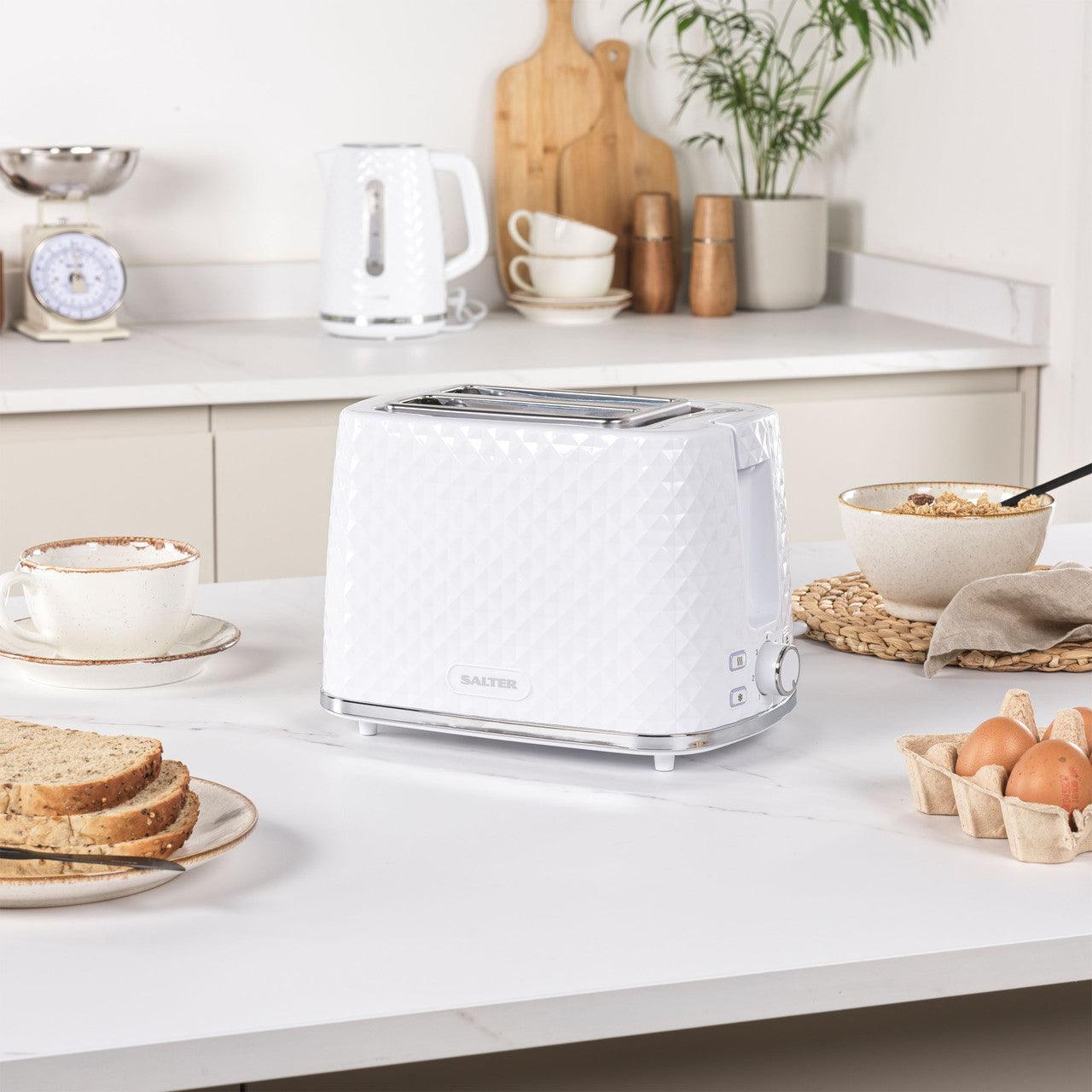 Salter 2-Slice Glacier Toaster - Wide Toasting Slots, 7 Levels of Variable Browning, Defrost, Reheat and Cancel Functions, Removable Crumb Tray Included, Modern Finish White 930 W