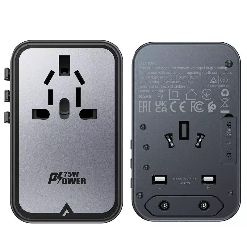Acefast 75W GaN Global Multiple Function Travel Adapter & 3x USB-C Ports & 2x USB-A Ports Black