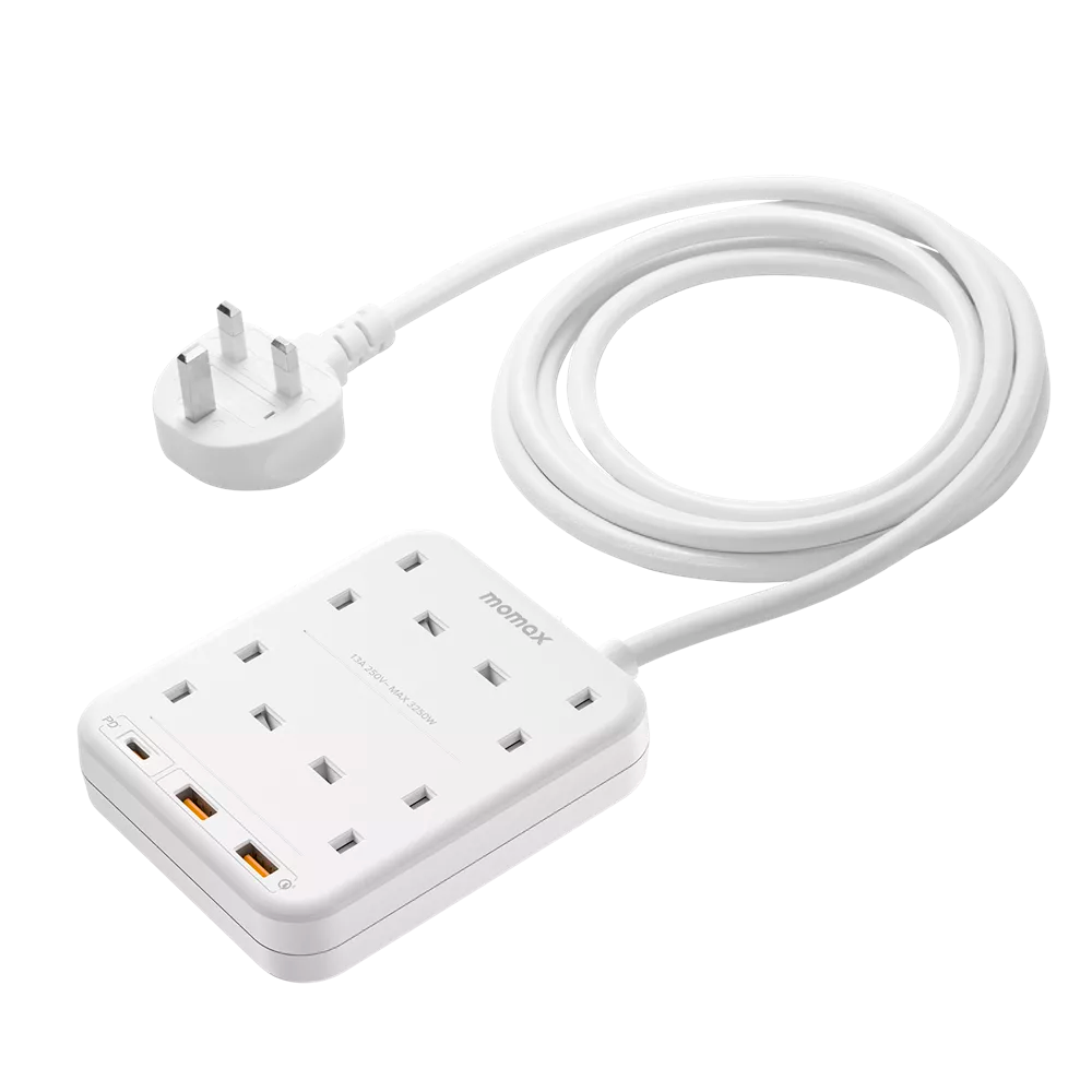 Momax - OnePlug - 4-Outlet Extension Plug Socket Power Strip - USB-C & 2x USB - White