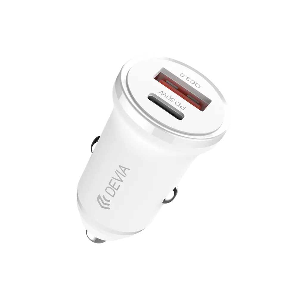 Devia 30W Power Delivery USB-C & Qualcomm 3.0 USB Port Car Adapter White