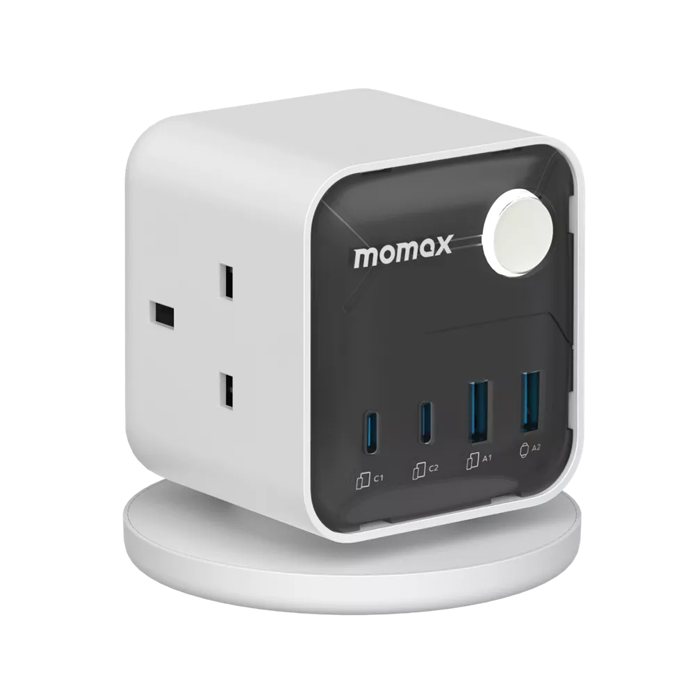 MOMAX 1-Charge Work Flow - 3-Outlet GaN Power Cube 30W ExtensionPlug Socket Power Strip - 2x USB-C & 2x USB - White