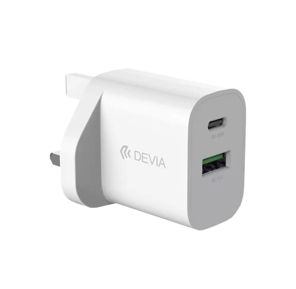 Devia 20W Dual Type C Power Delivery & Qualcomm 3-Pin UK Charging Plug White