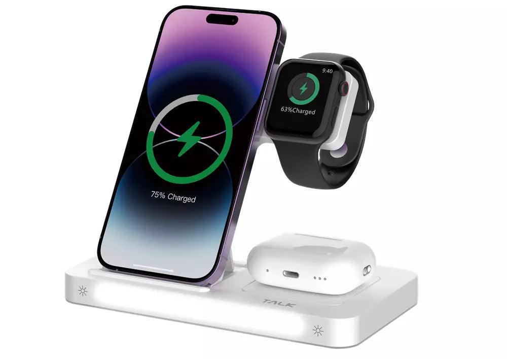Devia 15W Foldable Travel Triple Wireless Magnetic Charging Pad for Apple iPhone, Airpods & Watch & Night Lamp White