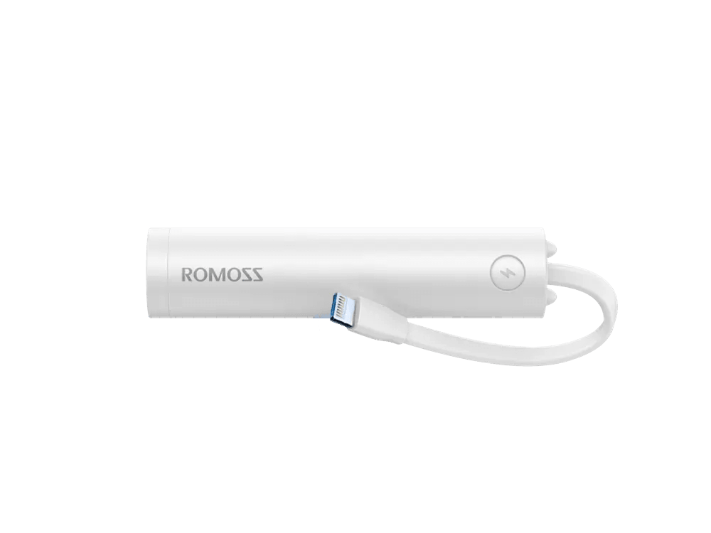 Romoss 2,000mAh Pocket Bar Powerbank & Integrated Lightning Cable White