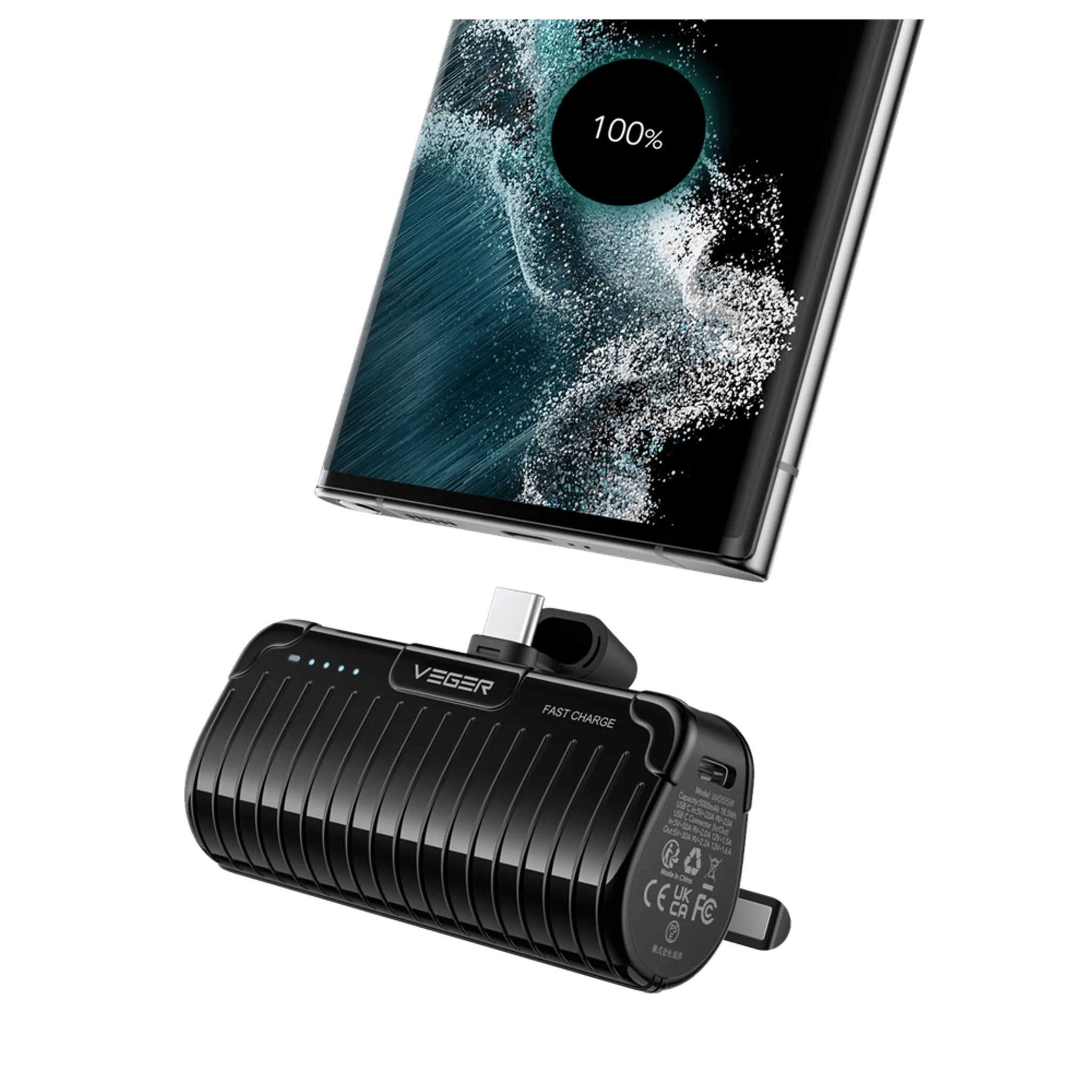 Veger - PlugON Pro-C - 5,000mAh 20W USB-C Power Delivery LED Indicator Ultra Small Powerbank & Kickstand - Black