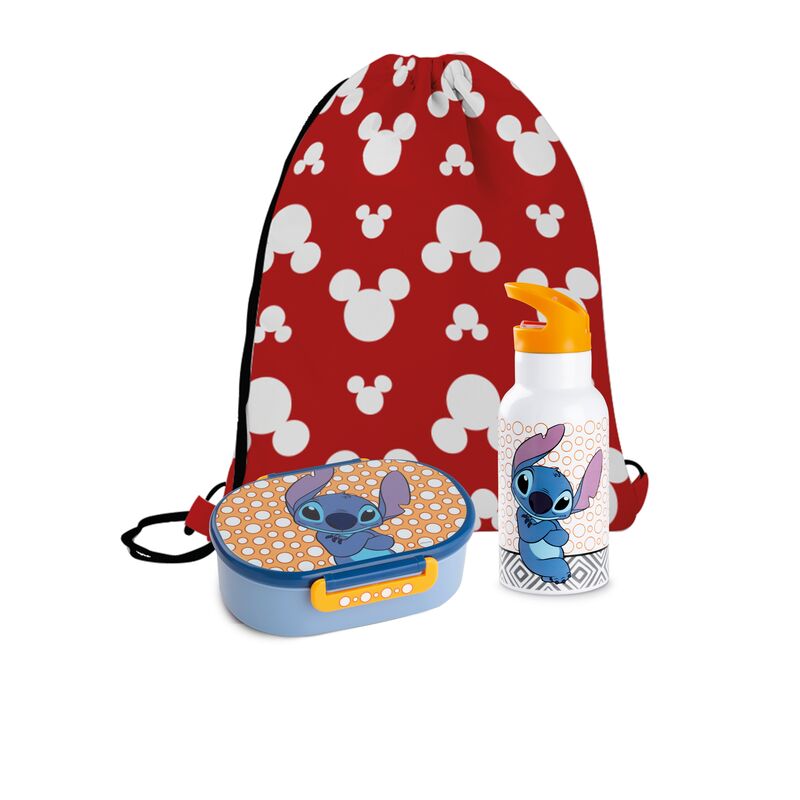 Set with red bag, lunch box, and bottle featuring cartoon character on a white background