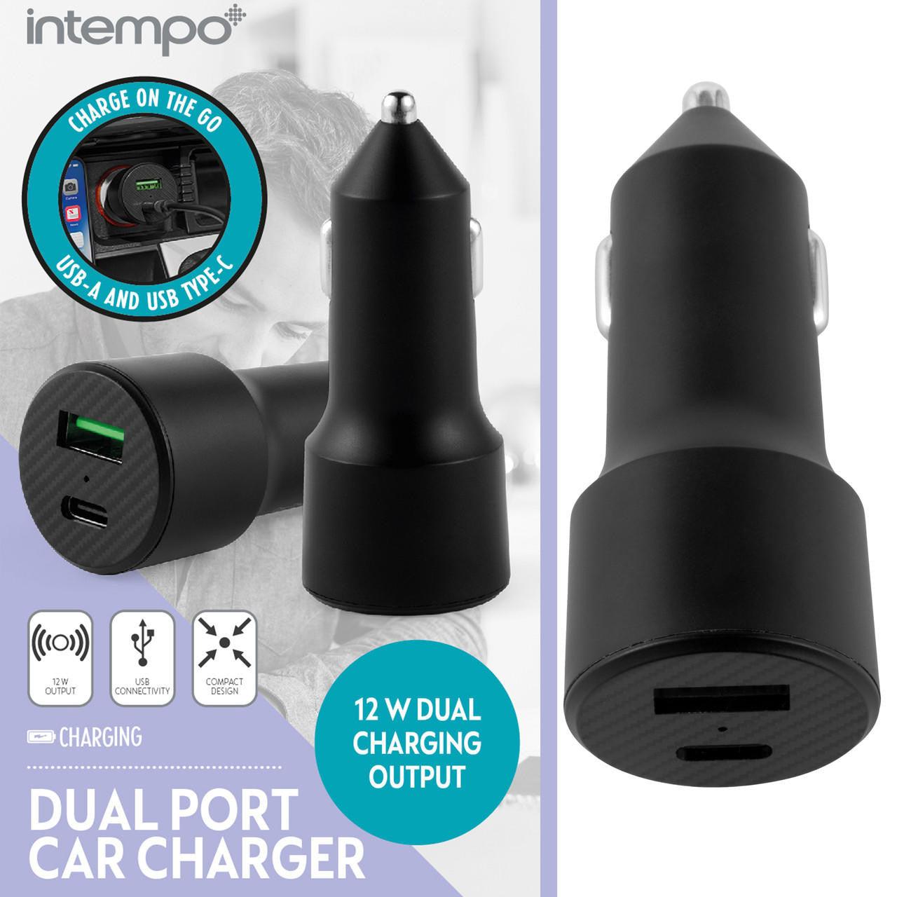 Intempo Car Charger – Dual Port Cigarette Lighter Car Adapter Charging for Phone/Tablet, Front & Back Set Charging, USB-A & USB Type-C Compatible, Compact Design, 12 W Output