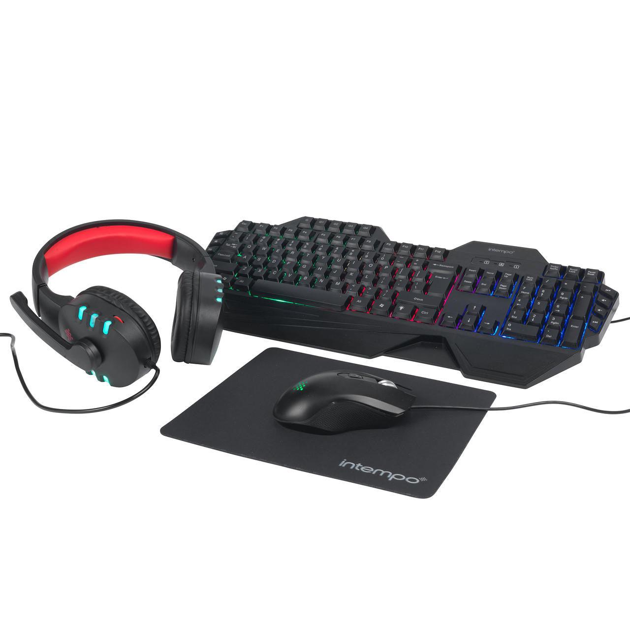 Intempo Quest Gaming Set, Backlit Keyboard, Microphone Headset, Precision Mouse & Mousepad, Colourful LED Lights, USB Connectivity, 4 In 1, Gaming Starter Set, UK Keyboard Layout, Black