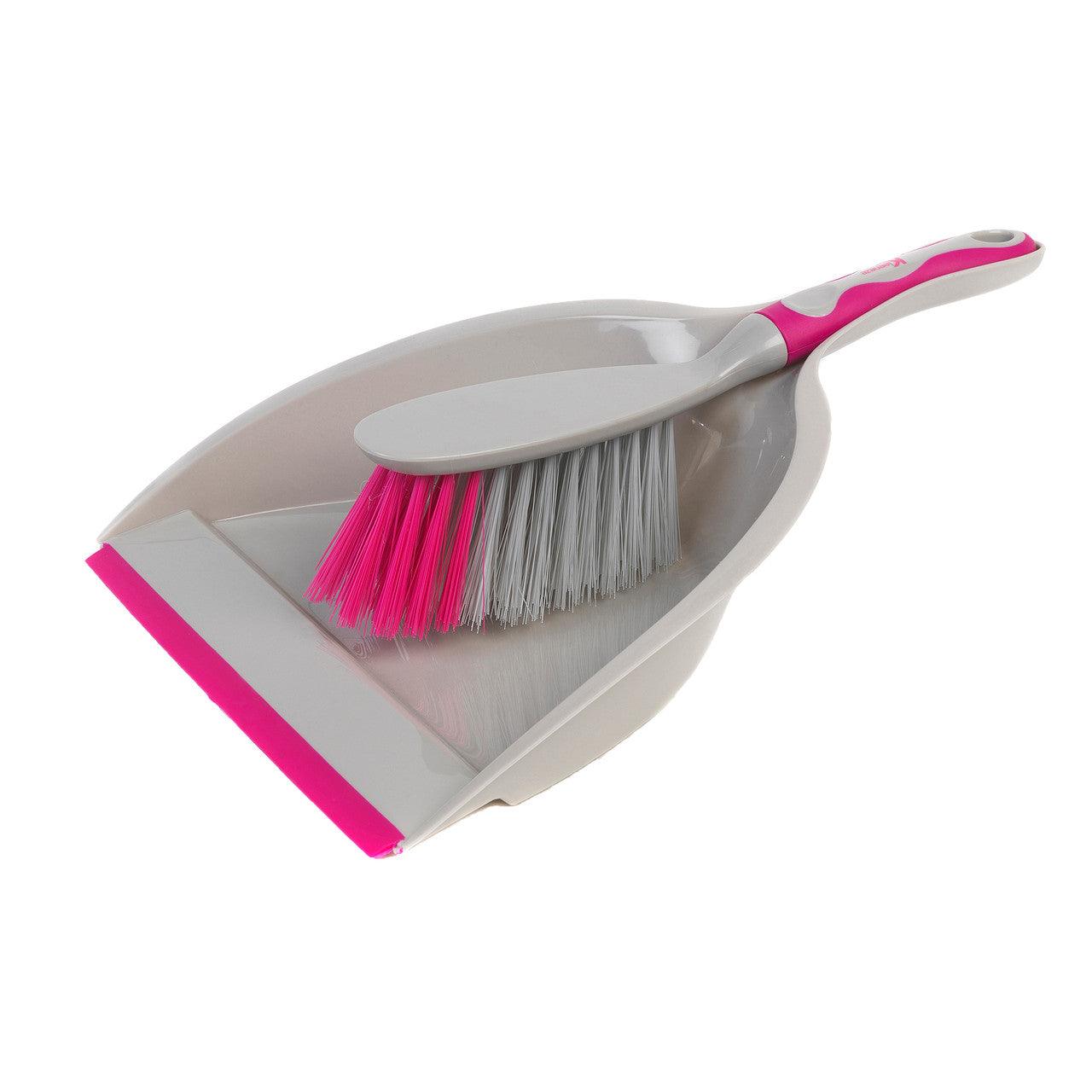 Kleeneze Deluxe Handheld Dustpan & Brush Set - Sweeping Broom with Soft Grip Handle, Compact Dustpan with Rubber Lip, Perfect for Dust and Dirt, Ideal for Most Hard Surfaces, Grey/Pink