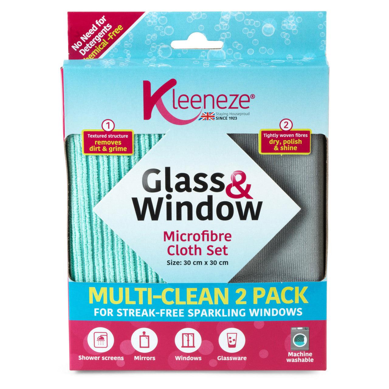 Kleeneze® Microfibre Glass and Window Cloths for Cleaning and Removing Bacteria | Pack of 2 | Grey and Aqua