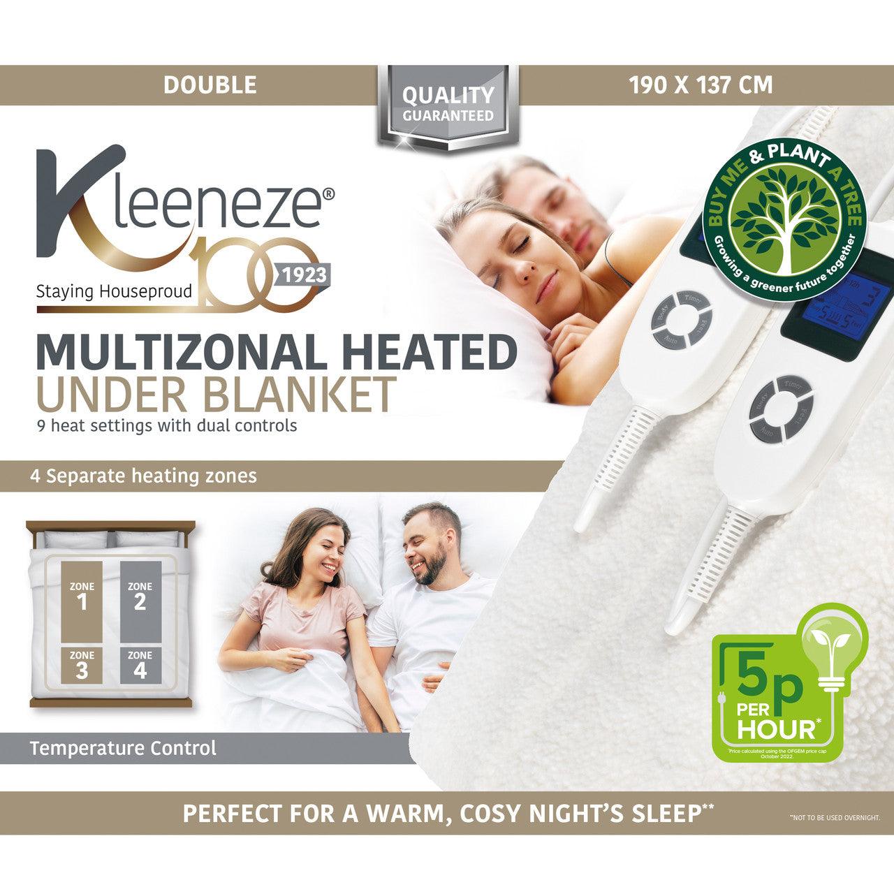 Kleeneze Multizonal Heated Underblanket – For Double Beds, 4 Heating Zones For Body & Feet, 9 Heat Settings, Soft Fleece, Machine Washable, 2 Controllers, 12 Hour Timer, 2 x 60W, 190 x 137cm